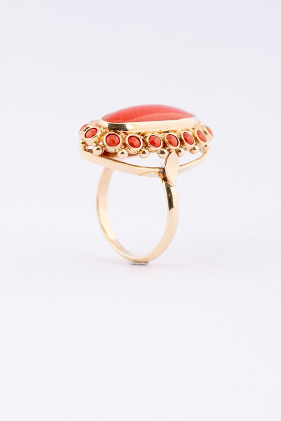Gouden entourage ring met bloedkoraal
