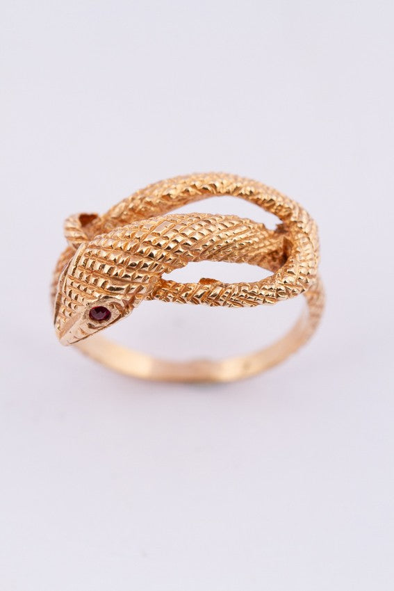 Gold snake ring with rubies