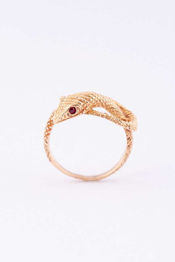 Gold snake ring with rubies
