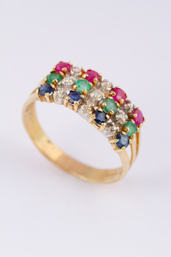 Gold triple row ring with sapphire, emerald, ruby ​​and diamonds
