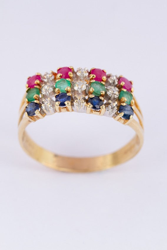 Gold triple row ring with sapphire, emerald, ruby ​​and diamonds