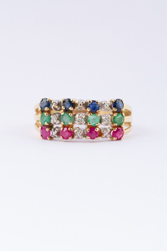 Gold triple row ring with sapphire, emerald, ruby ​​and diamonds