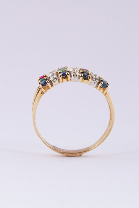 Gold triple row ring with sapphire, emerald, ruby ​​and diamonds