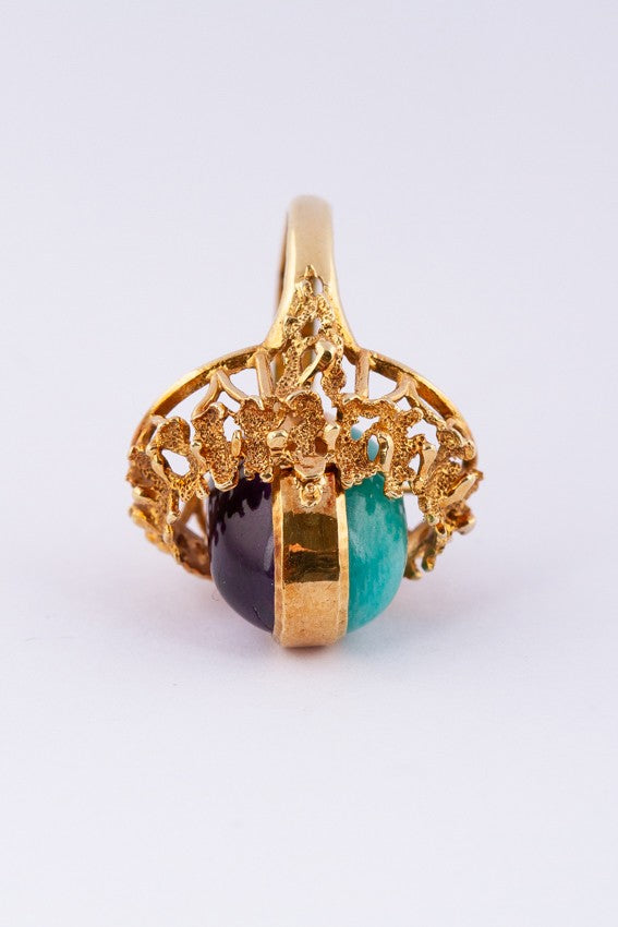 Gouden ring met draaibare wissel steen amethist/amazoniet