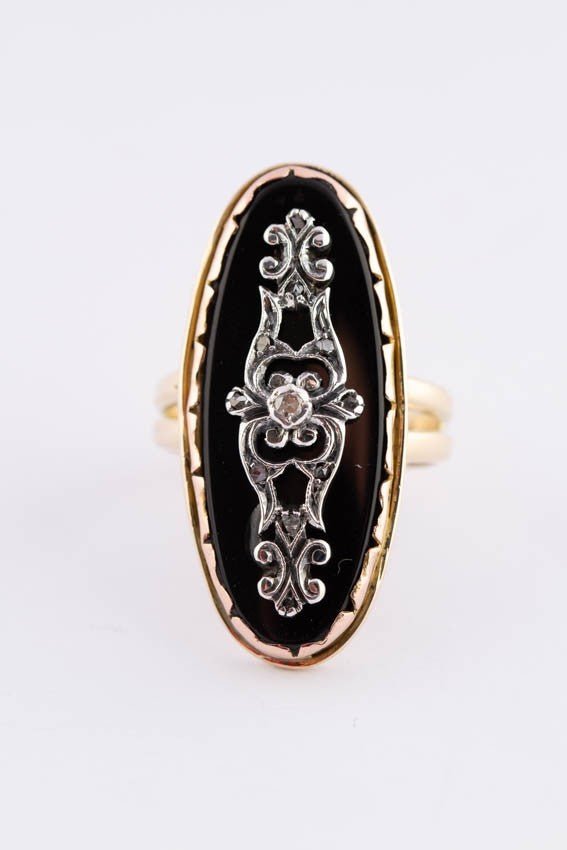 Gouden markies ring met onyx en diamanten
