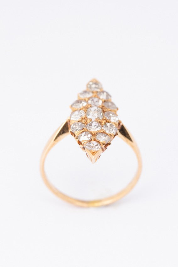 Gouden markies ring met 15 oud geslepen briljanten