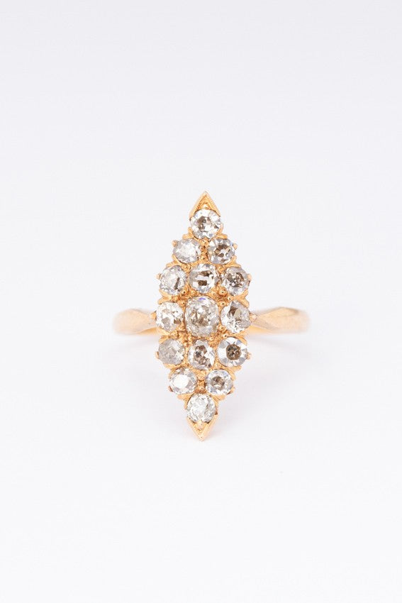 Gouden markies ring met 15 oud geslepen briljanten