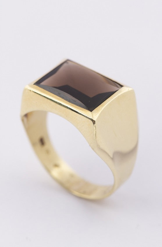 Gouden heren ring met rookkwarts