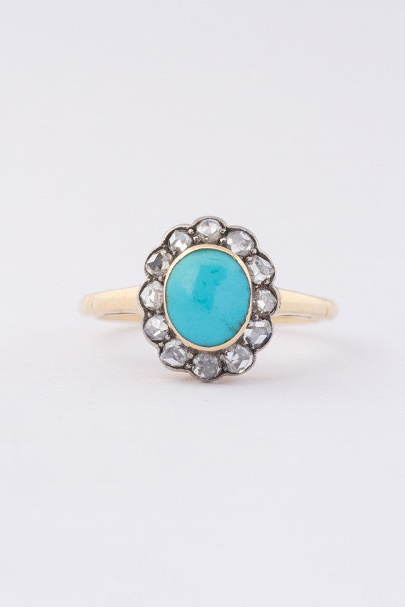 Antieke entourage ring met turkoois en diamanten