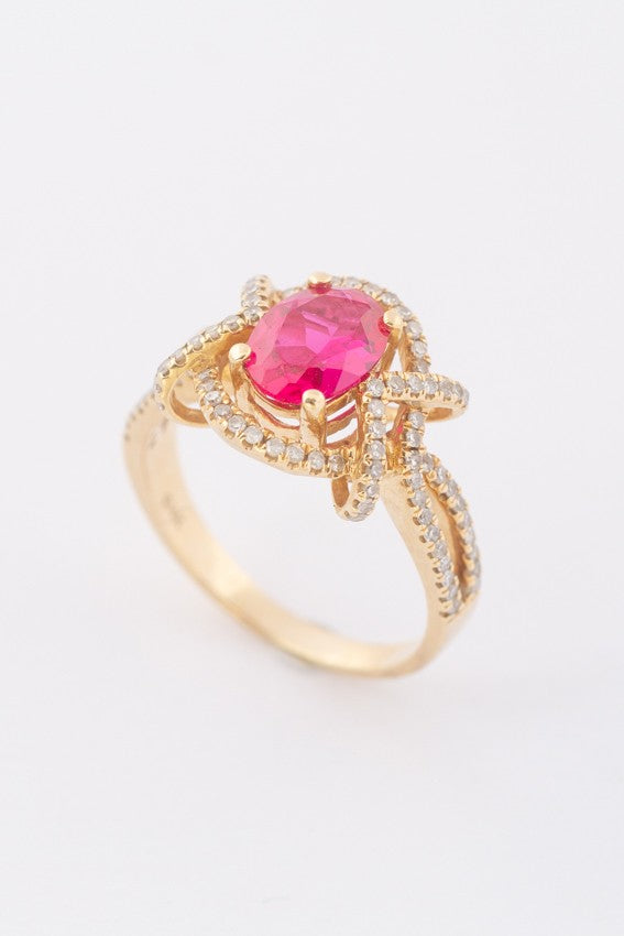 Gold entourage ring with diamonds and rubies