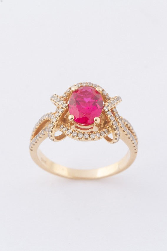 Gold entourage ring with diamonds and rubies