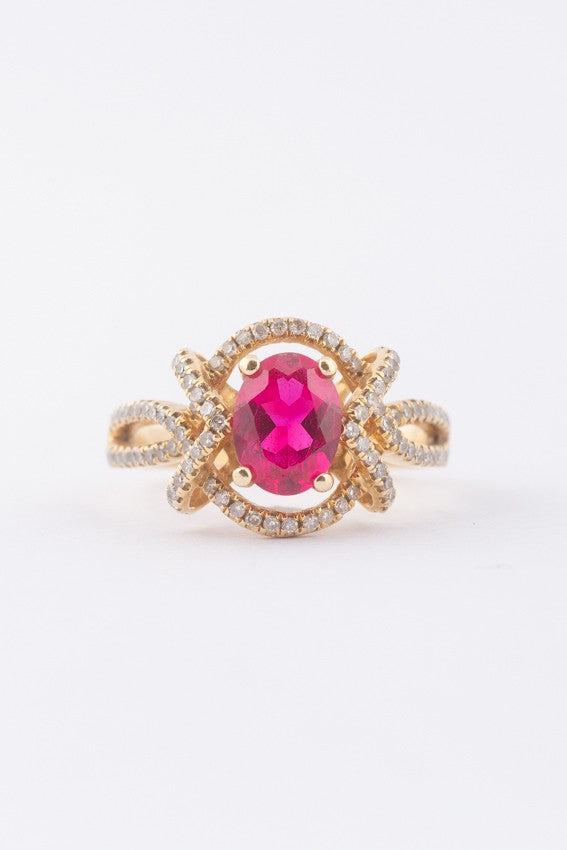 Gouden entourage ring met briljanten en robijnen