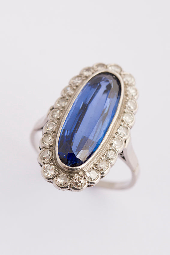 Platinum ring with synthetic sapphire and diamond