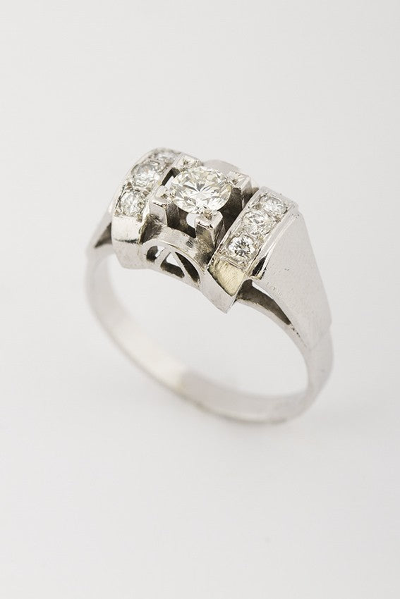 Platina démodé (retro) ring met briljant