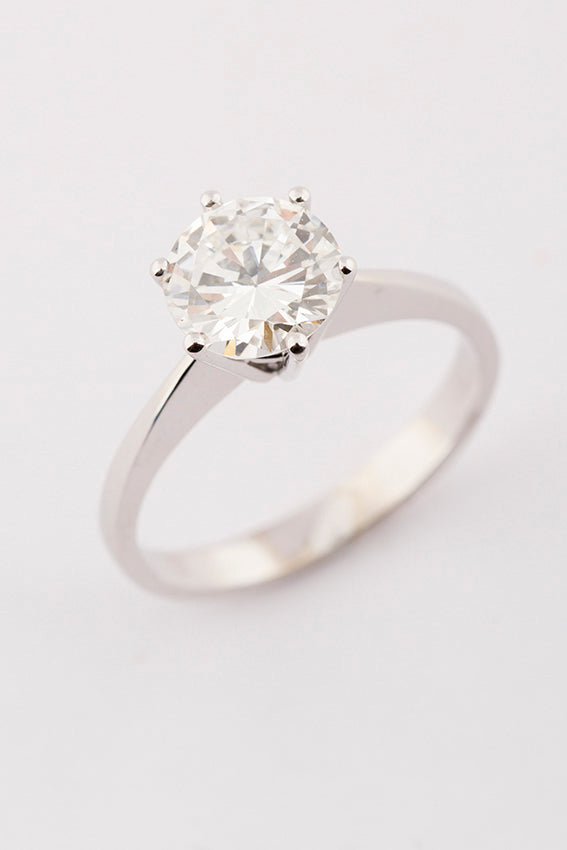 White gold solitaire ring with 1.65 ct brilliant cut diamond.