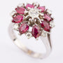 White gold entourage ring with diamonds and rubies