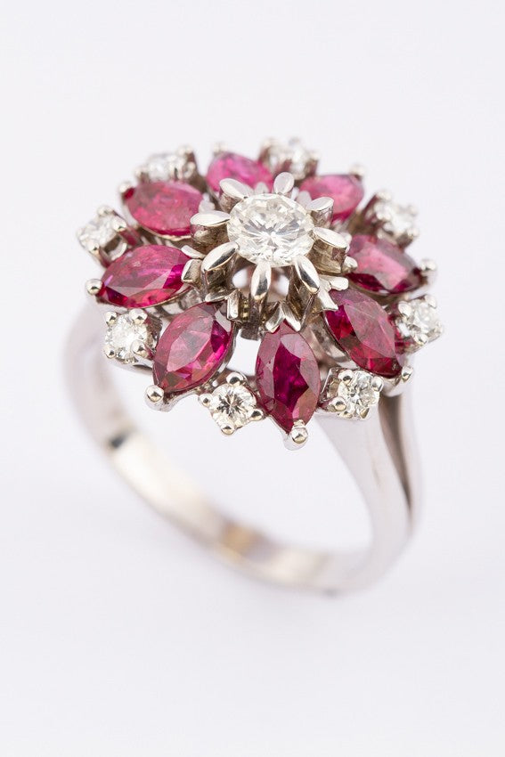 White gold entourage ring with diamonds and rubies