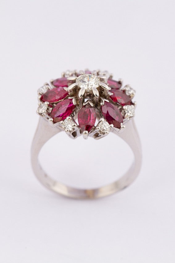White gold entourage ring with diamonds and rubies