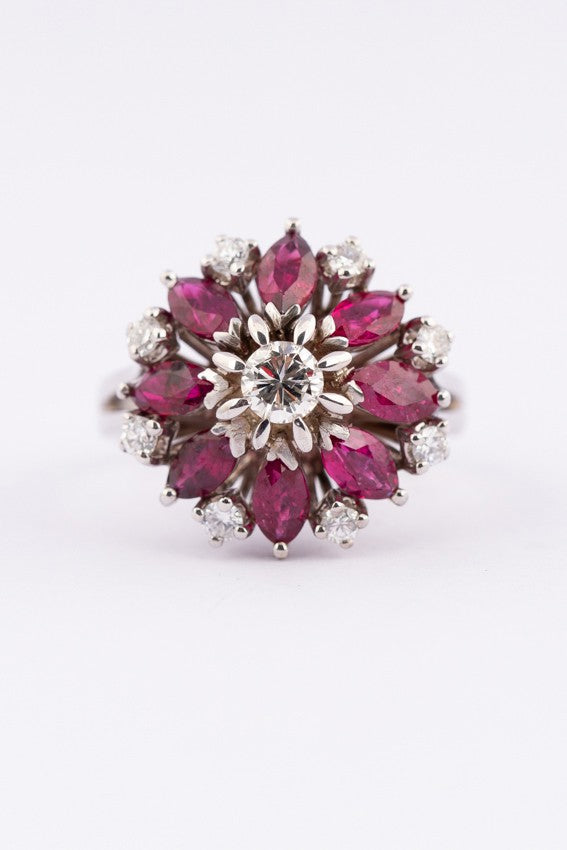 White gold entourage ring with diamonds and rubies
