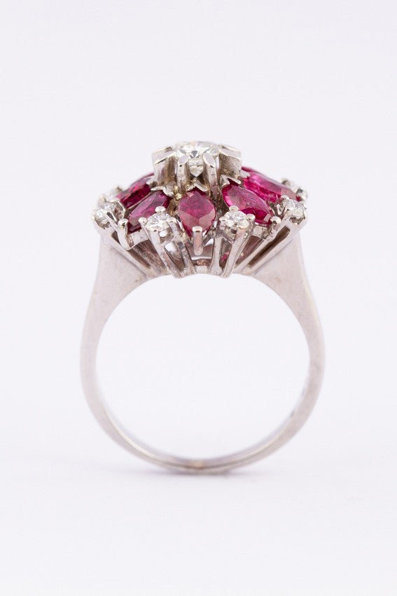 White gold entourage ring with diamonds and rubies