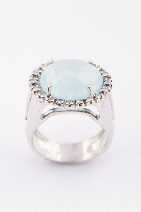 Gouden entourage ring met aquamarijn en diamanten