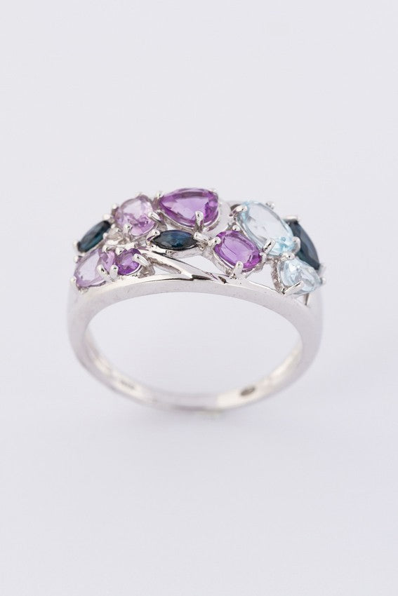9 krt. ring met amethist, topaas en saffier (Bwg)