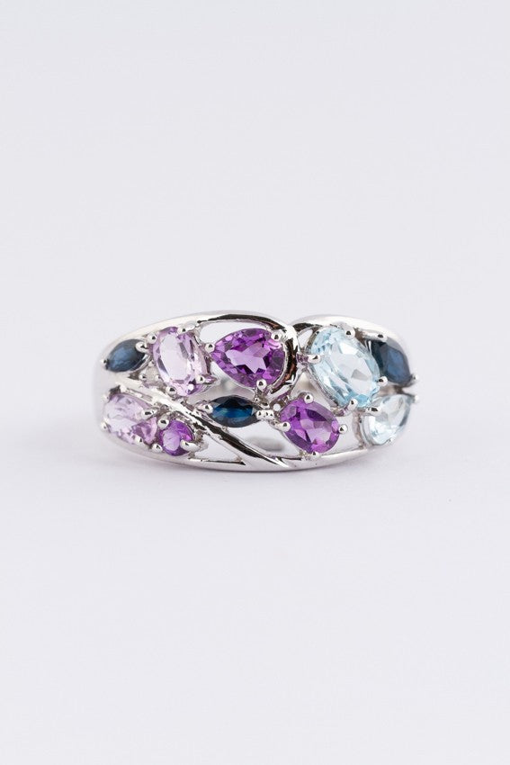 9 krt. ring met amethist, topaas en saffier (Bwg)