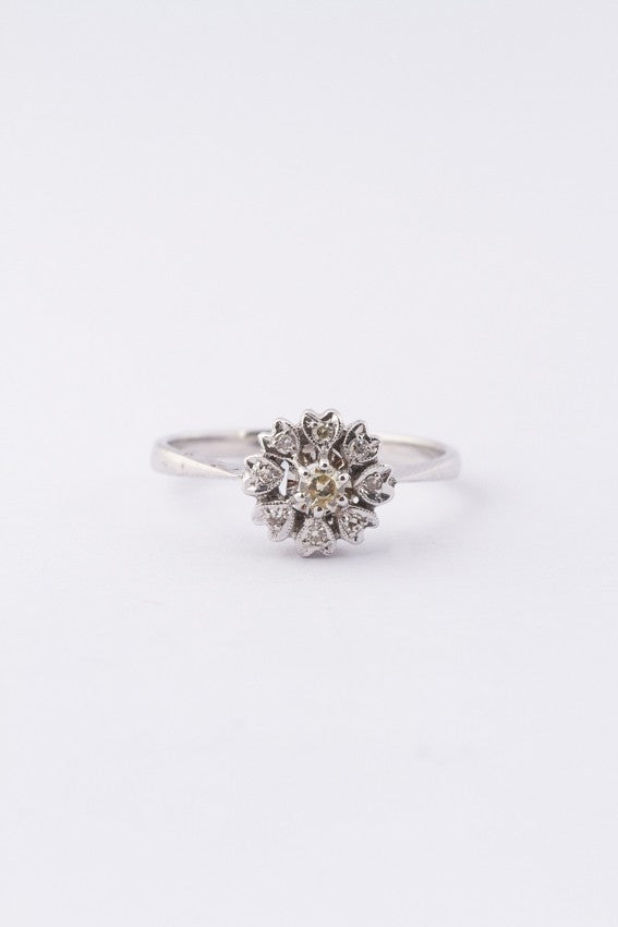 Wit gouden entourage ring met een briljant en 8 diamanten