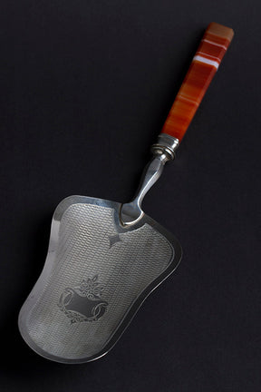 Antique silver fish scoop with carnelian handle