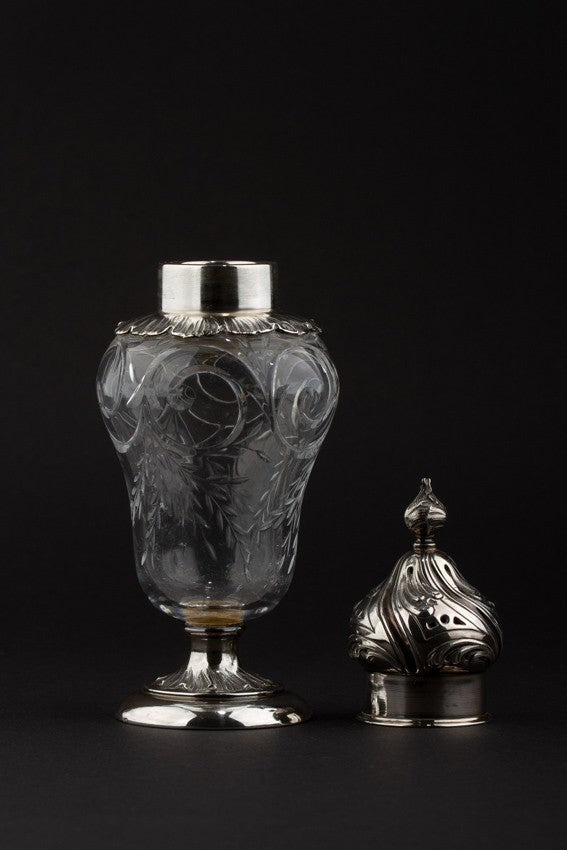 Crystal sugar bowl with silver cap and base